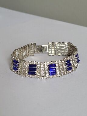Vintage Wide Clear Royal Blue Baguette Rhinestone Evening Party Bracelet